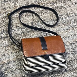Fossil Tan cow leather and Black Striped Crossbody Bag